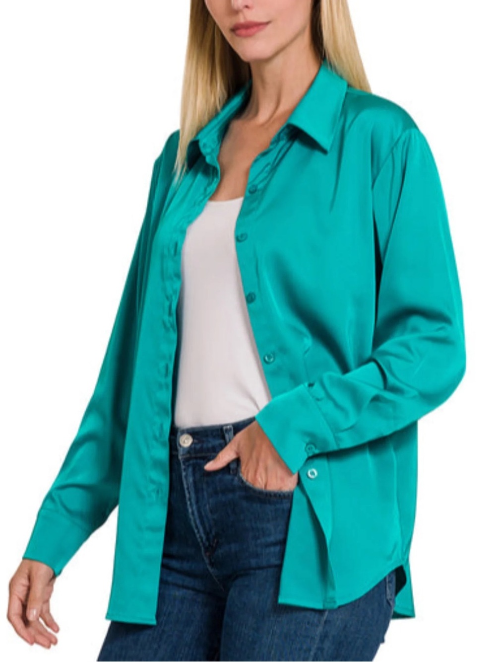 Zara Women's Teal Button-Down Satin Blouse